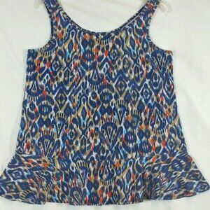 Denim & Co. Women's Blue Peplum Ruffled Hem Geometric Art Summer Top Size M